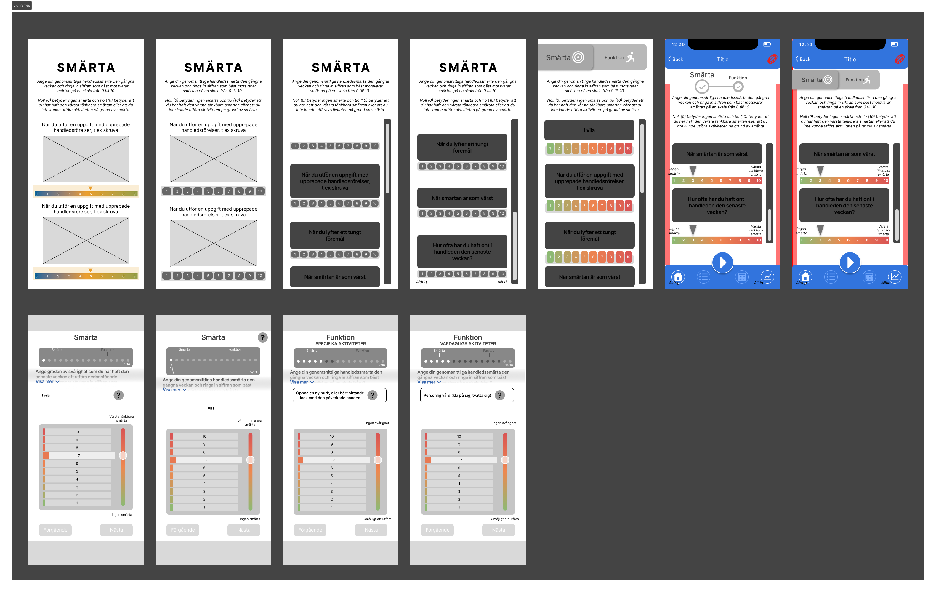 Design exploration board — iterations from multi-question layouts (top-left) through single-question-per-page and pain scale variations